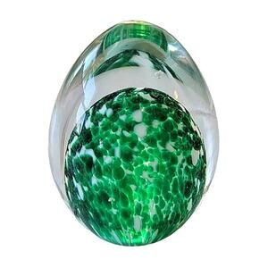 Art Glass Egg Green Speckled Egg Shaped Clear Blown Glass Paperweight 3.25" Tall